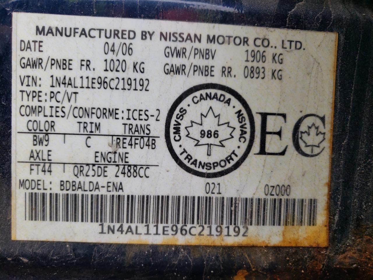 Photo 10 from auction – 2006 NISSAN ALTIMA S with VIN 1N4AL11E96C219192