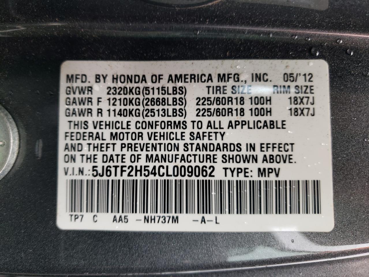 Photo 10 from auction – 2012 HONDA CROSSTOUR with VIN 5J6TF2H54CL009062