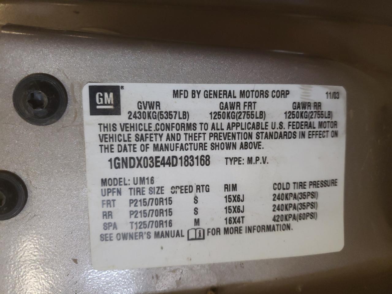Photo 10 from auction – 2004 CHEVROLET VENTURE with VIN 1GNDX03E44D183168