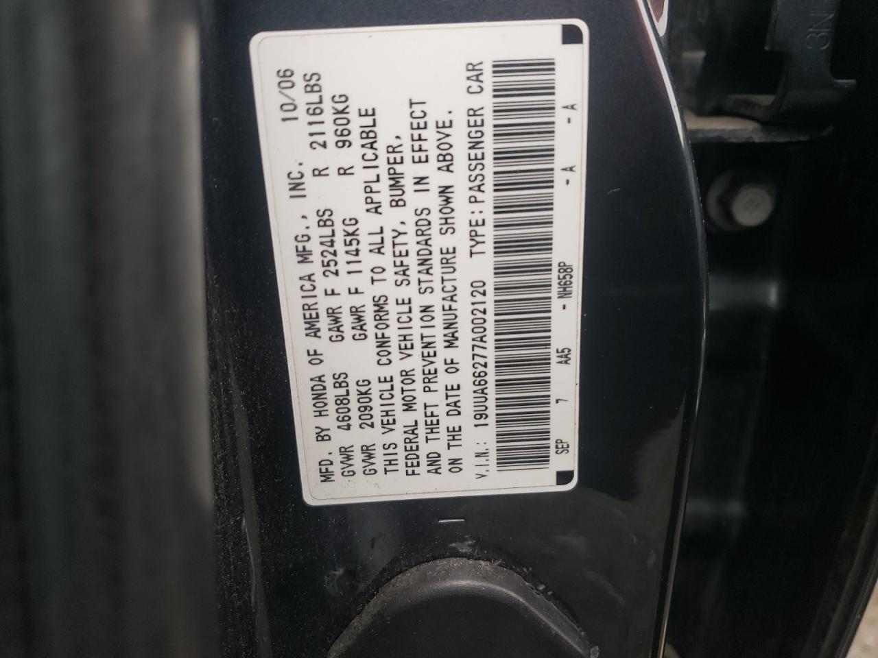 Photo 10 from auction – 2007 ACURA TL with VIN 19UUA66277A002120