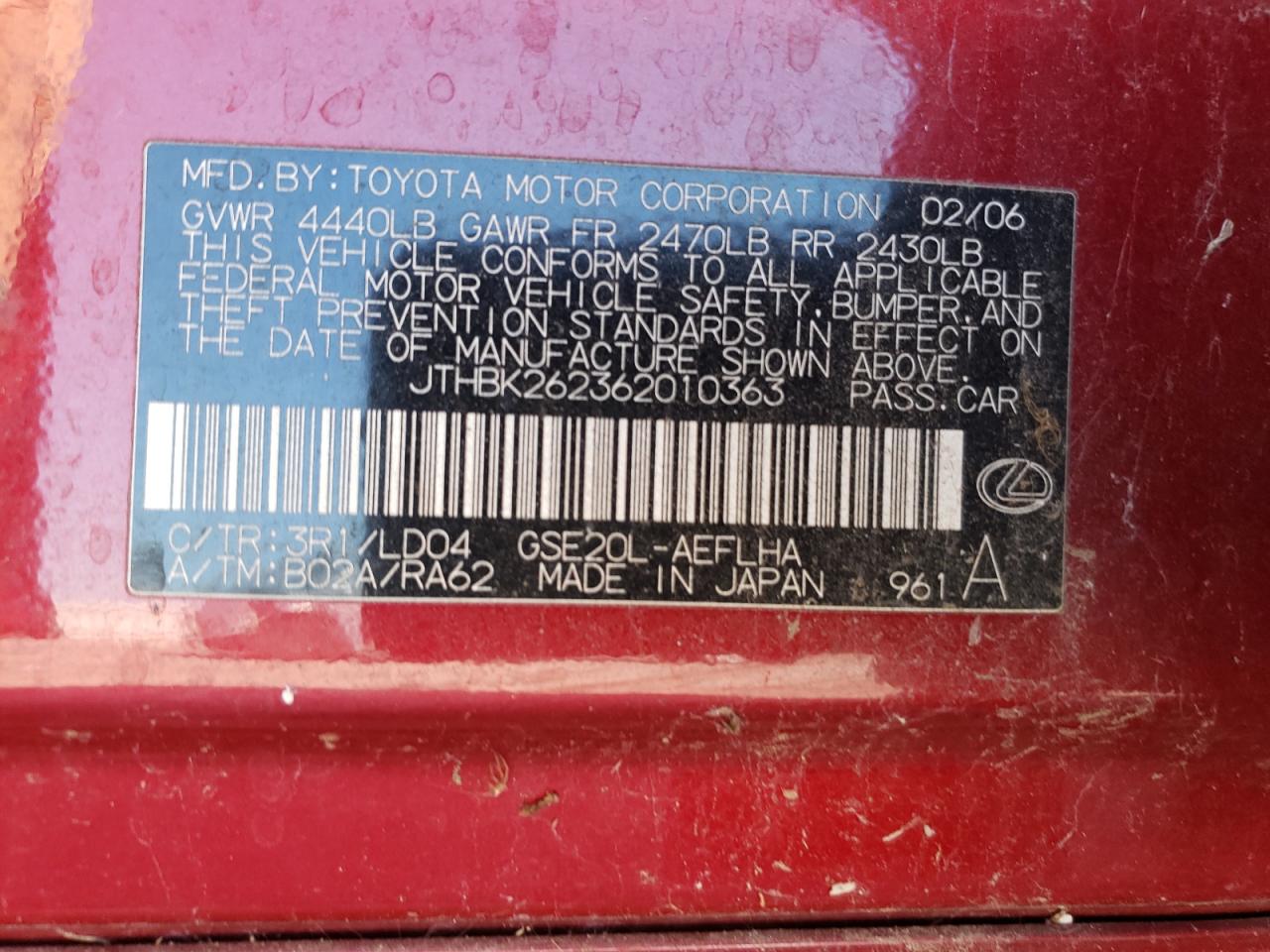 Photo 10 from auction – 2006 LEXUS IS 250 with VIN JTHBK262362010363