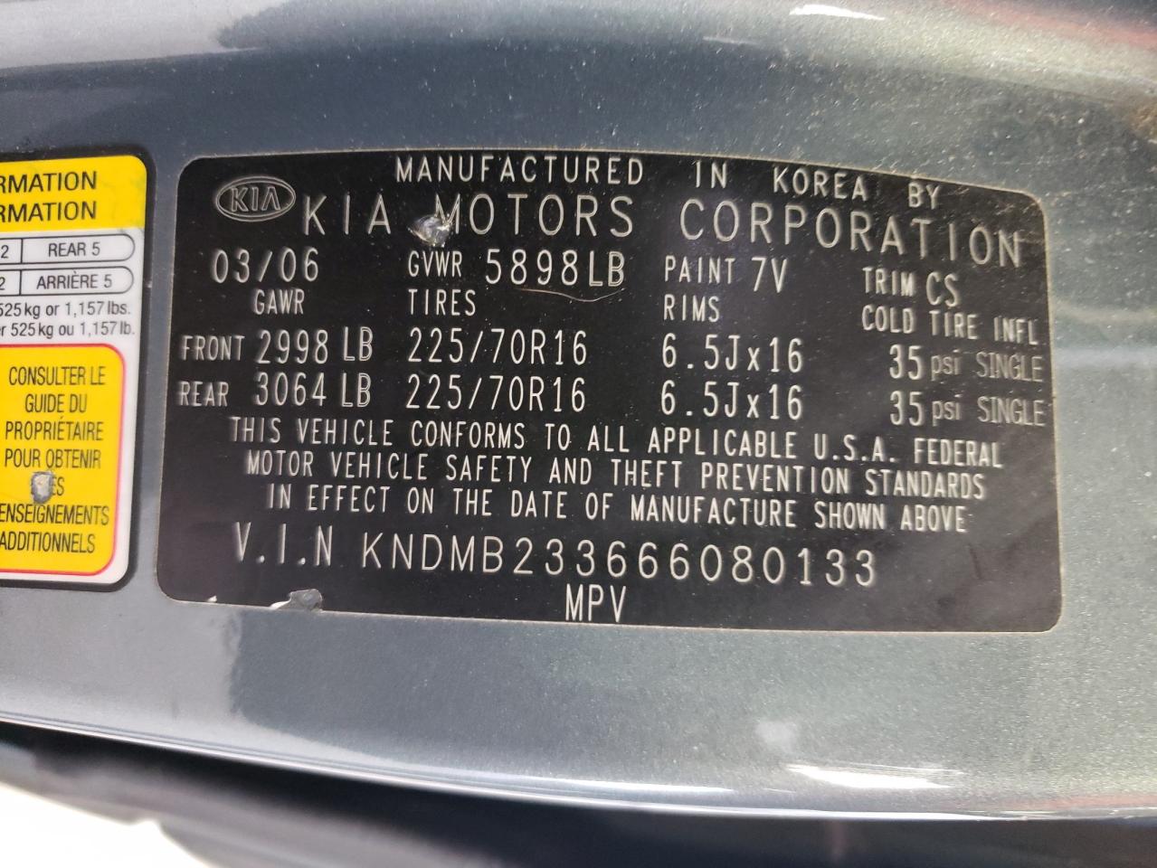 Photo 10 from auction – 2006 KIA SEDONA EX with VIN KNDMB233666080133
