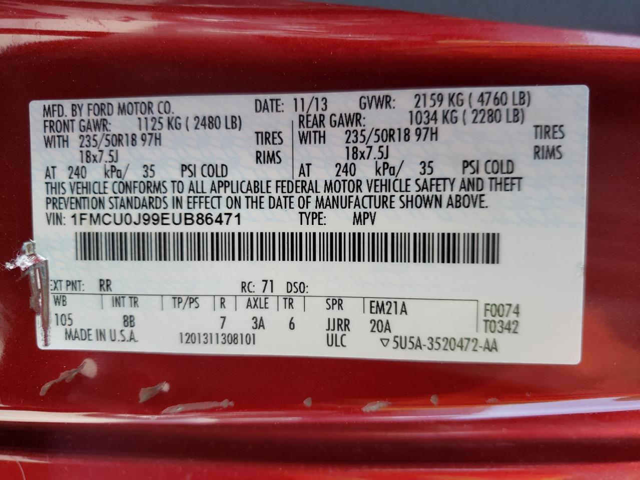Photo 10 from auction – 2014 FORD ESCAPE TIT with VIN 1FMCU0J99EUB86471