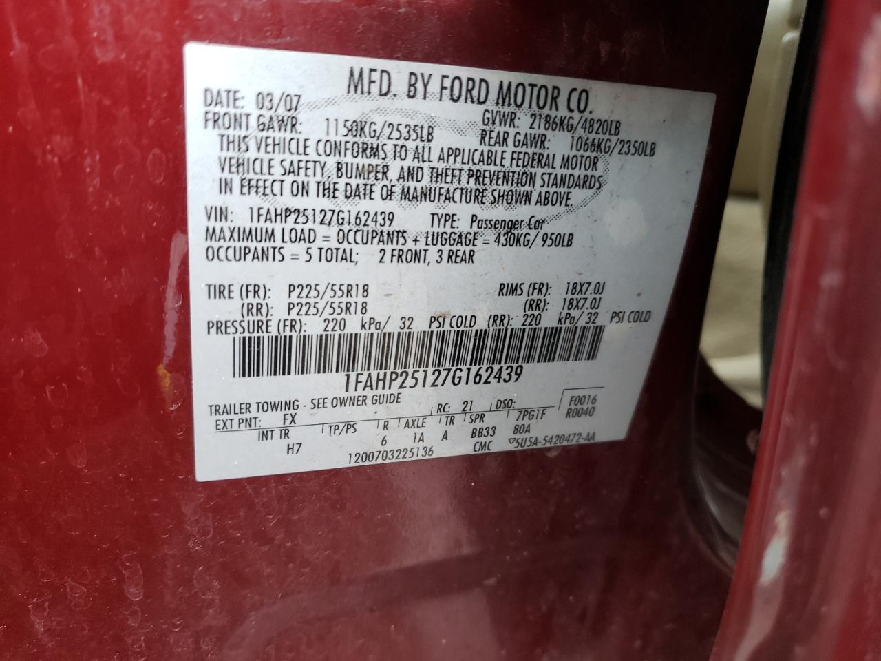 Photo 10 from auction – 2007 FORD FIVE HUNDR with VIN 1FAHP25127G162439