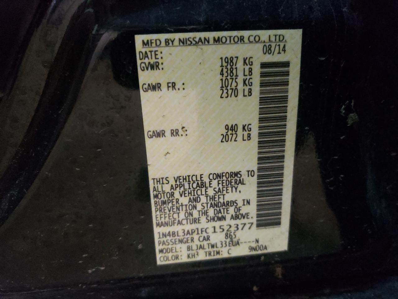 Photo 10 from auction – 2015 NISSAN ALTIMA 3.5 with VIN 1N4BL3AP1FC152377