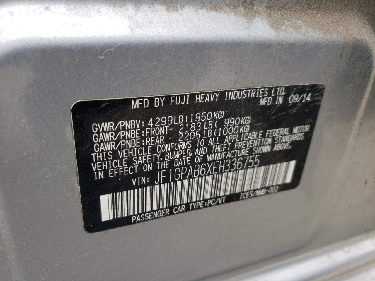 Photo 10 from auction – 2014 SUBARU IMPREZA PR with VIN JF1GPAB6XEH336755