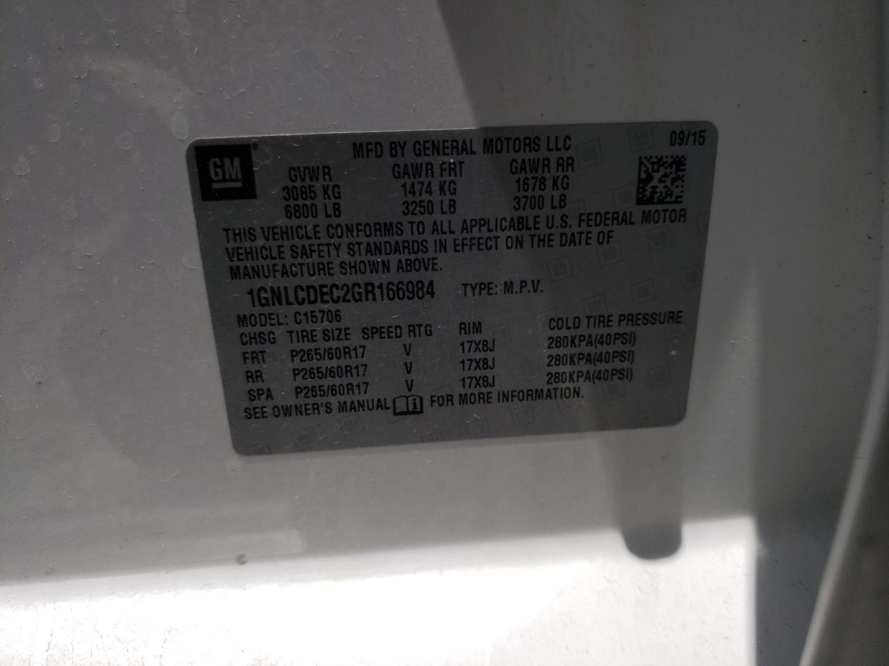 Photo 10 from auction – 2016 CHEVROLET TAHOE POLI with VIN 1GNLCDEC2GR166984