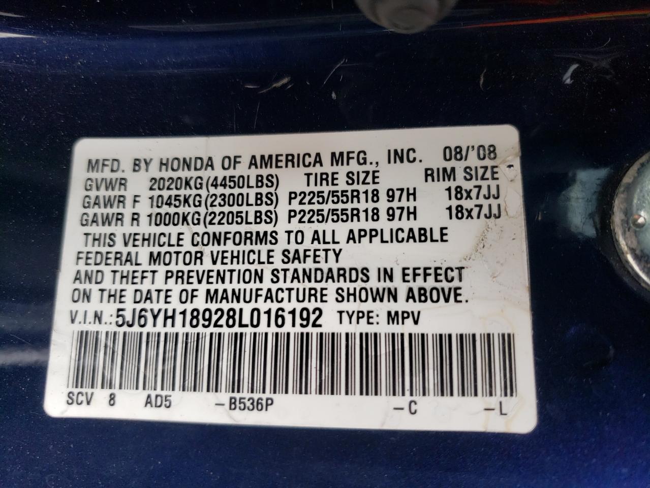 Photo 10 from auction – 2008 HONDA ELEMENT SC with VIN 5J6YH18928L016192