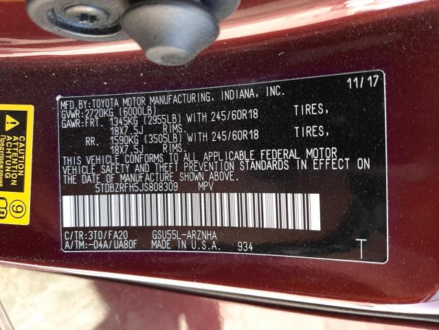 Photo 10 from auction – 2018 TOYOTA HIGHLANDER with VIN 5TDBZRFH5JS808309