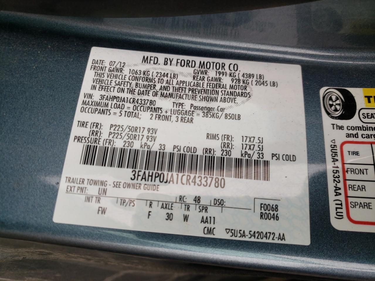 Photo 10 from auction – 2012 FORD FUSION SEL with VIN 3FAHP0JA1CR433780