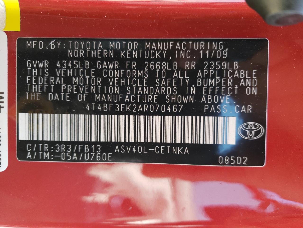 Photo 10 from auction – 2010 TOYOTA CAMRY BASE with VIN 4T4BF3EK2AR070467