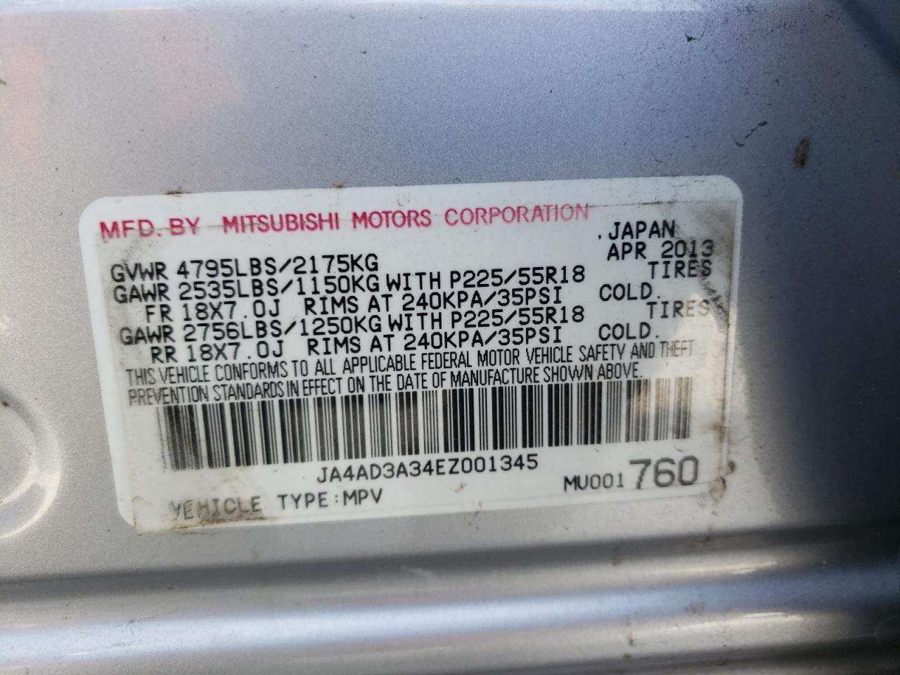 Photo 10 from auction – 2014 MITSUBISHI OUTLANDER with VIN JA4AD3A34EZ001345
