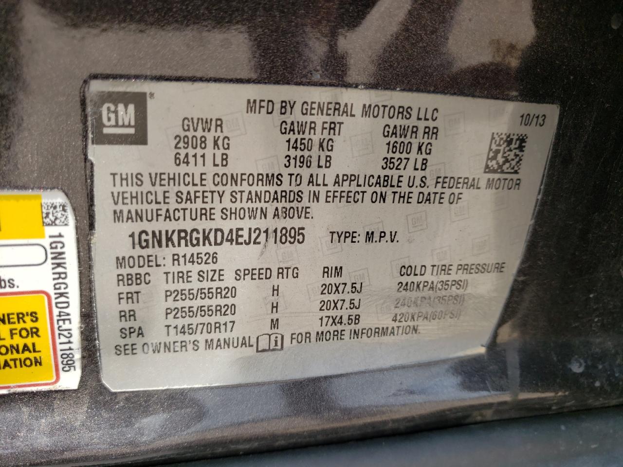 Photo 10 from auction – 2014 CHEVROLET TRAVERSE L with VIN 1GNKRGKD4EJ211895