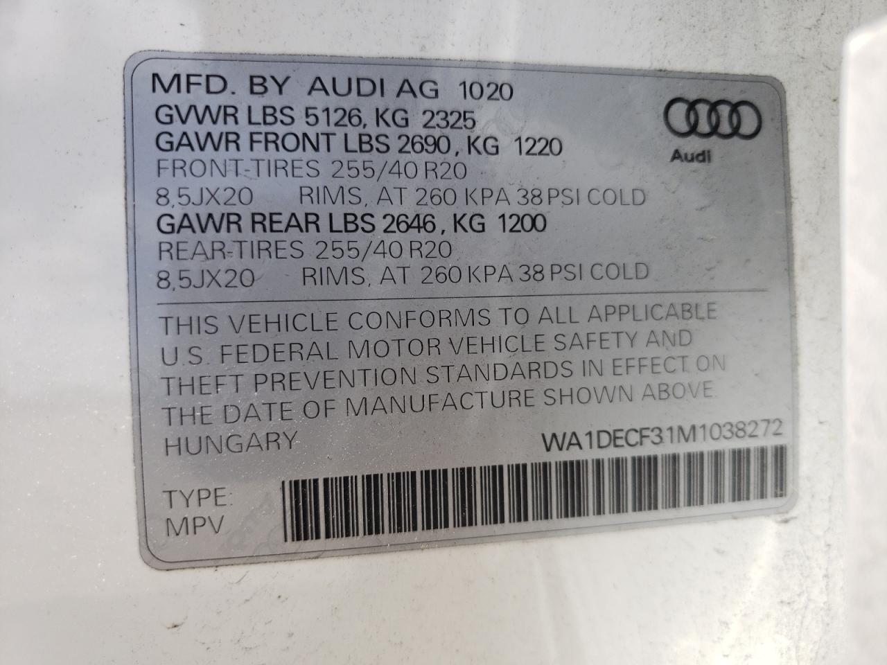 Photo 10 from auction – 2021 AUDI Q3 PREMIUM with VIN WA1DECF31M1038272