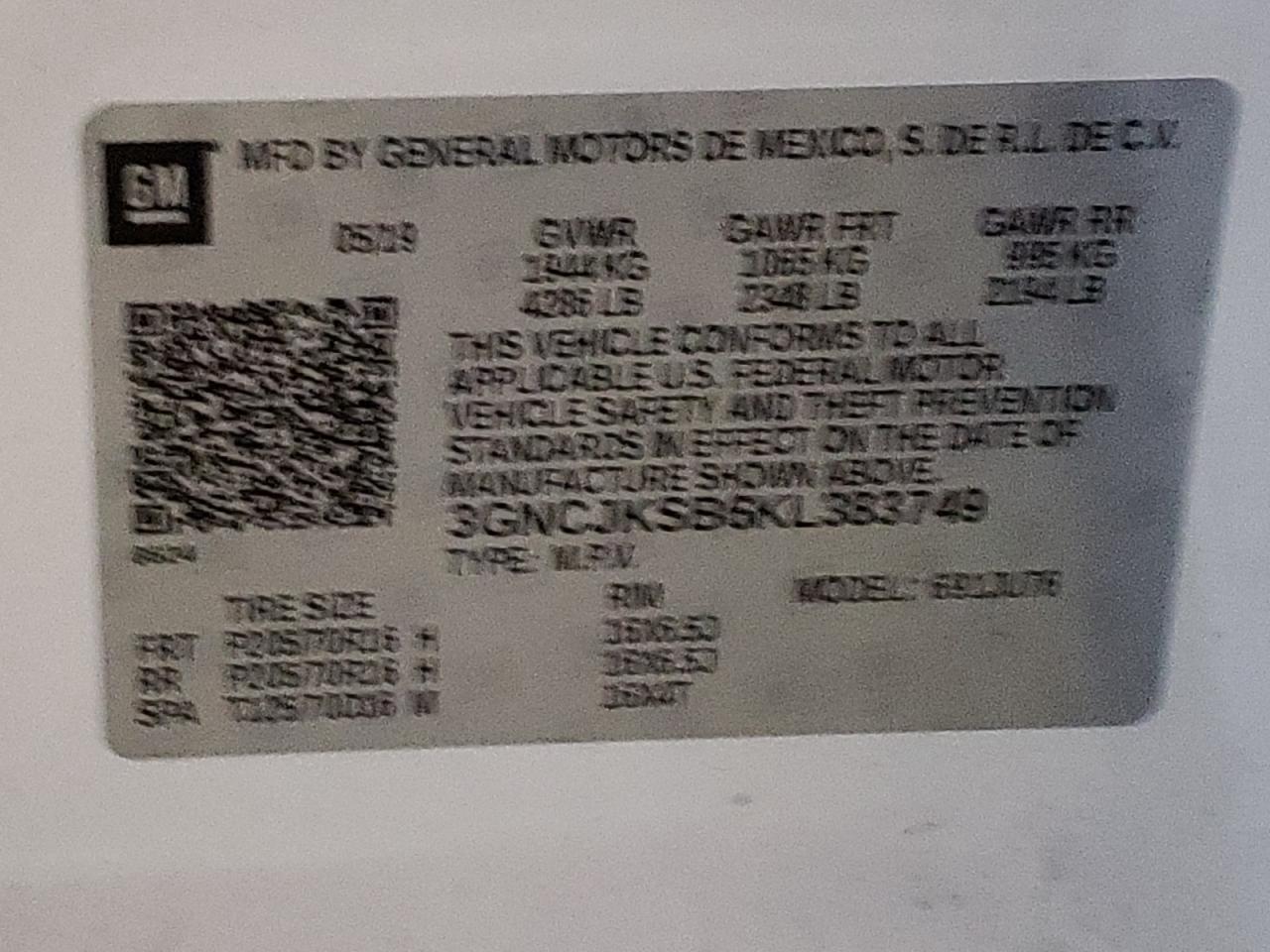 Photo 10 from auction – 2019 CHEVROLET TRAX LS with VIN 3GNCJKSB6KL383749