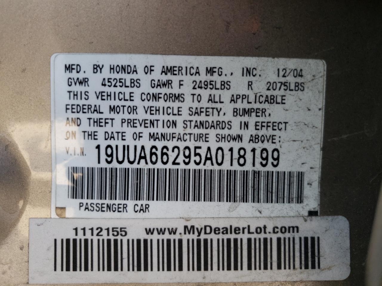 Photo 10 from auction – 2005 ACURA TL with VIN 19UUA66295A018199