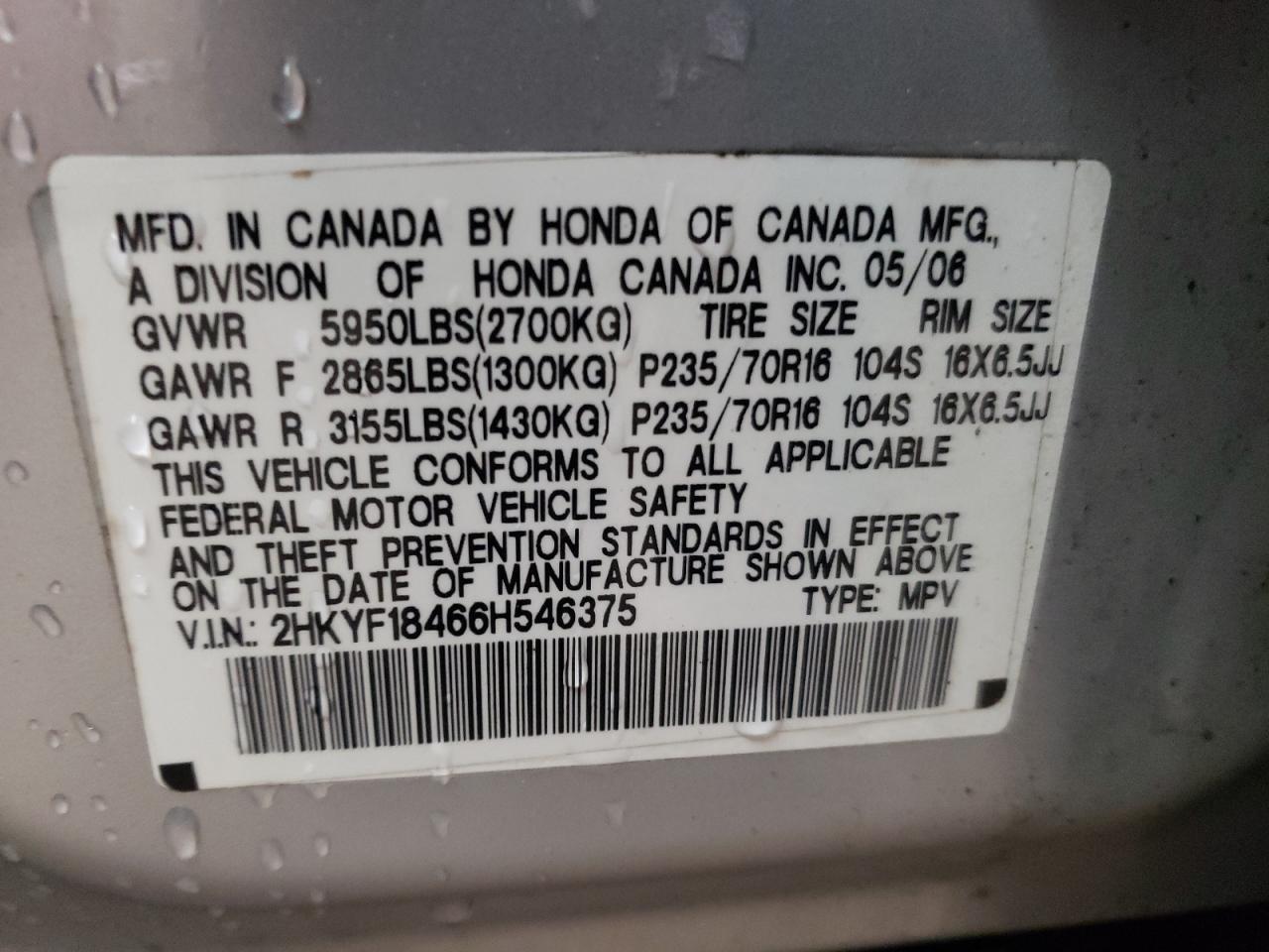 Photo 10 from auction – 2006 HONDA PILOT EX with VIN 2HKYF18466H546375