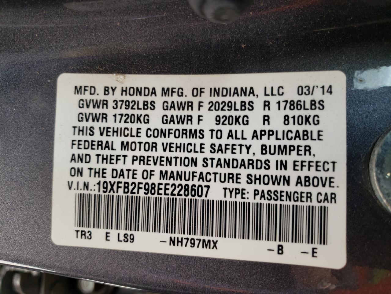 Photo 10 from auction – 2014 HONDA CIVIC EXL with VIN 19XFB2F98EE228607
