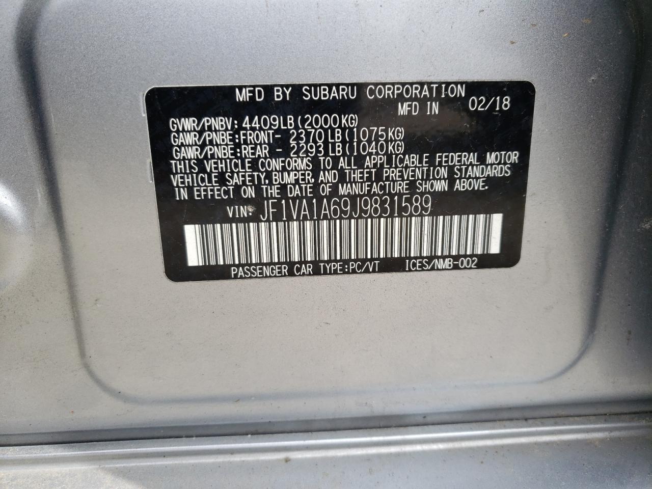 Photo 10 from auction – 2018 SUBARU WRX with VIN JF1VA1A69J9831589