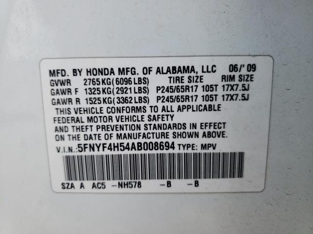 Photo 10 from auction – 2010 HONDA PILOT EXL with VIN 5FNYF4H54AB008694