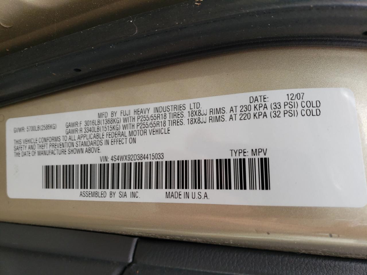 Photo 10 from auction – 2008 SUBARU TRIBECA LI with VIN 4S4WX92D384415033