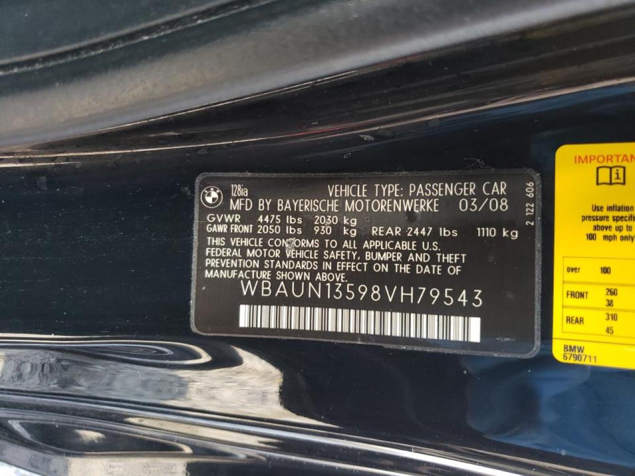 Photo 10 from auction – 2008 BMW 128 I with VIN WBAUN13598VH79543