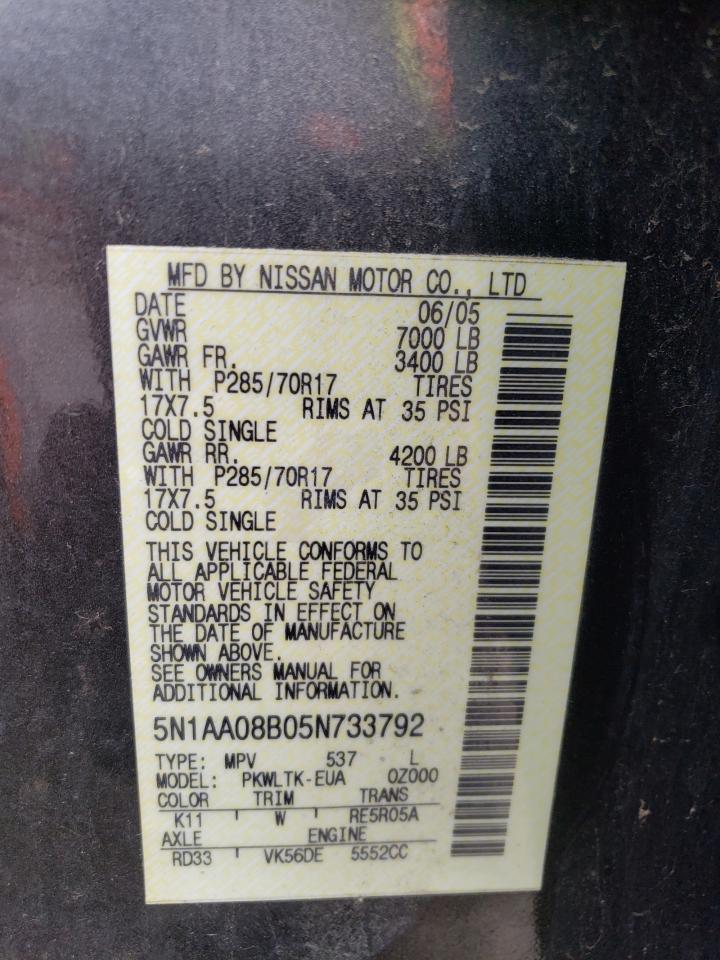 Photo 10 from auction – 2005 NISSAN ARMADA SE with VIN 5N1AA08B05N733792