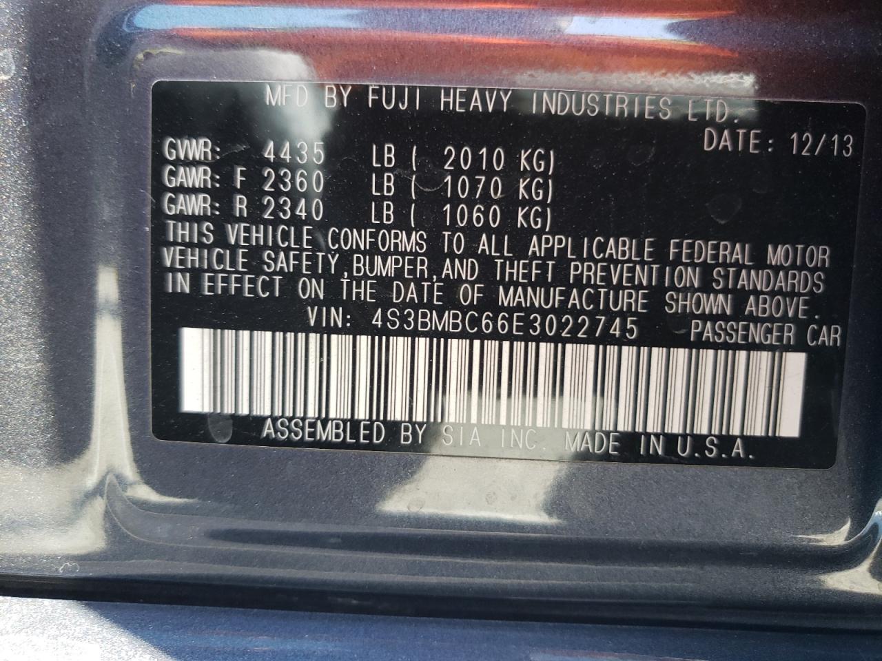 Photo 10 from auction – 2014 SUBARU LEGACY 2.5 with VIN 4S3BMBC66E3022745