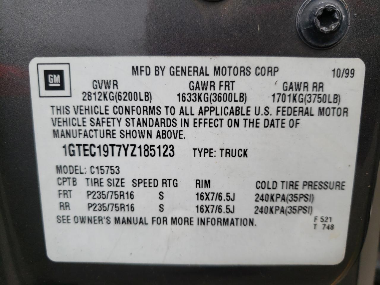 Photo 10 from auction – 2000 GMC NEW SIERRA with VIN 1GTEC19T7YZ185123