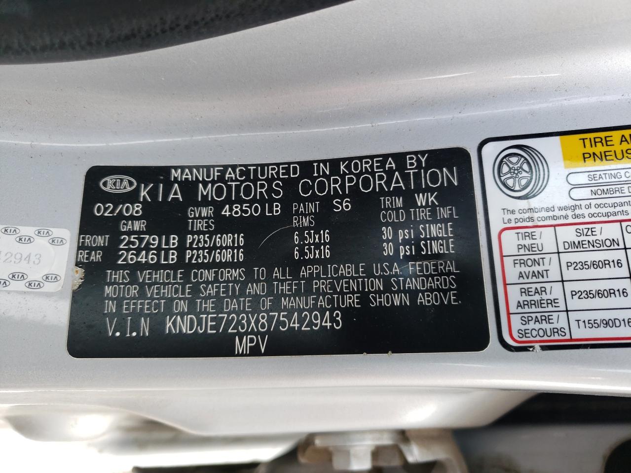 Photo 10 from auction – 2008 KIA SPORTAGE E with VIN KNDJE723X87542943