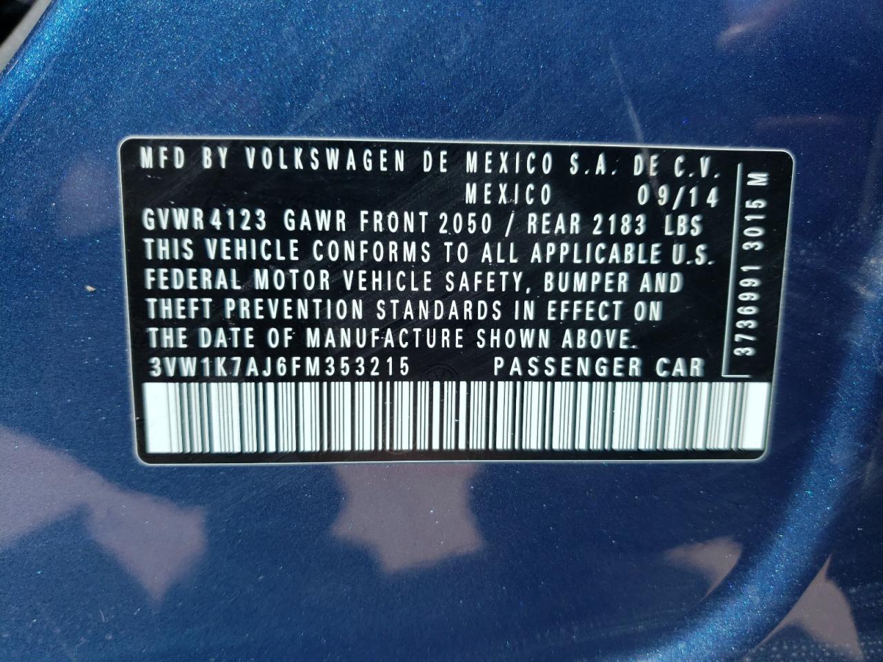 Photo 10 from auction – 2015 VOLKSWAGEN JETTA BASE with VIN 3VW1K7AJ6FM353215
