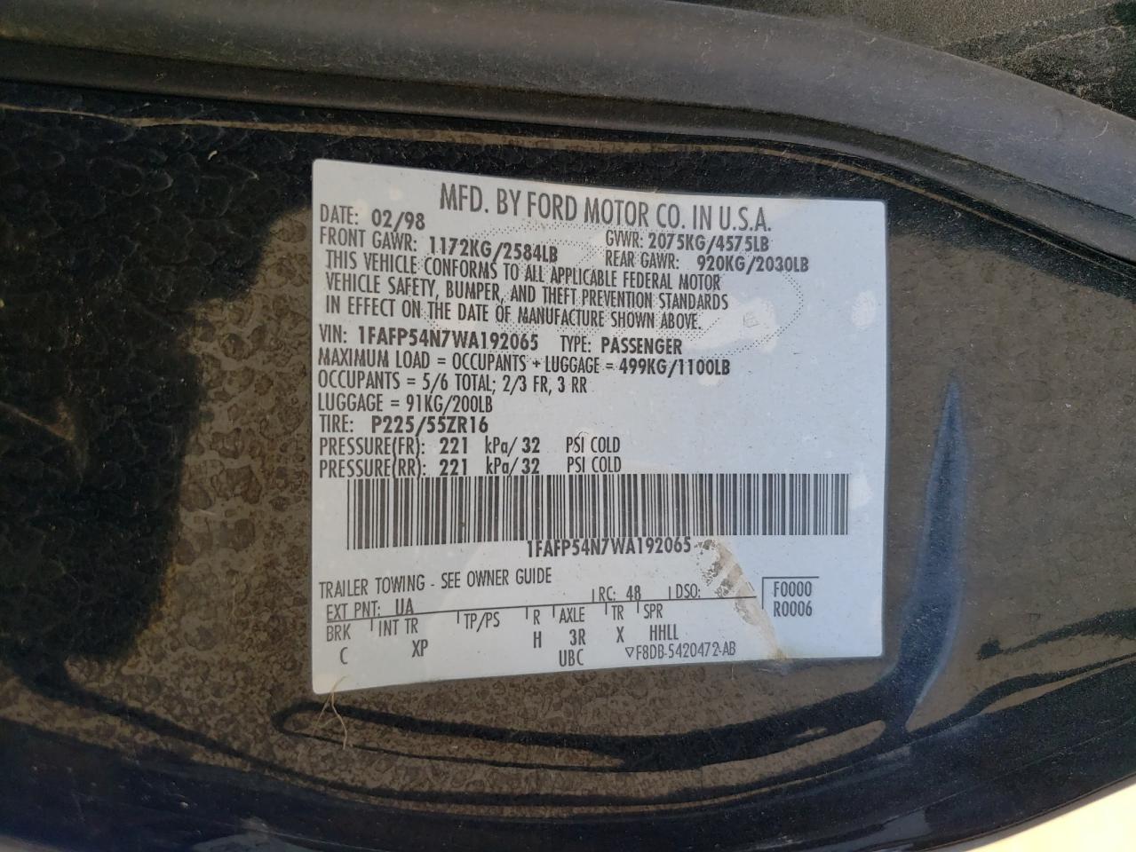 Photo 10 from auction – 1998 FORD TAURUS SHO with VIN 1FAFP54N7WA192065