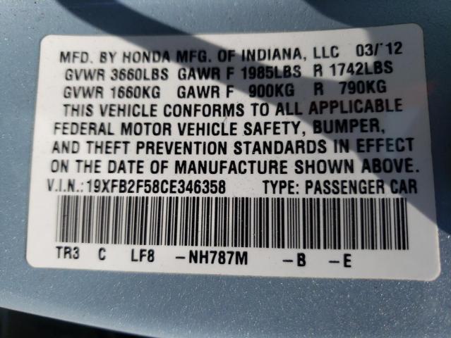 Photo 10 from auction – 2012 HONDA CIVIC LX with VIN 19XFB2F58CE346358