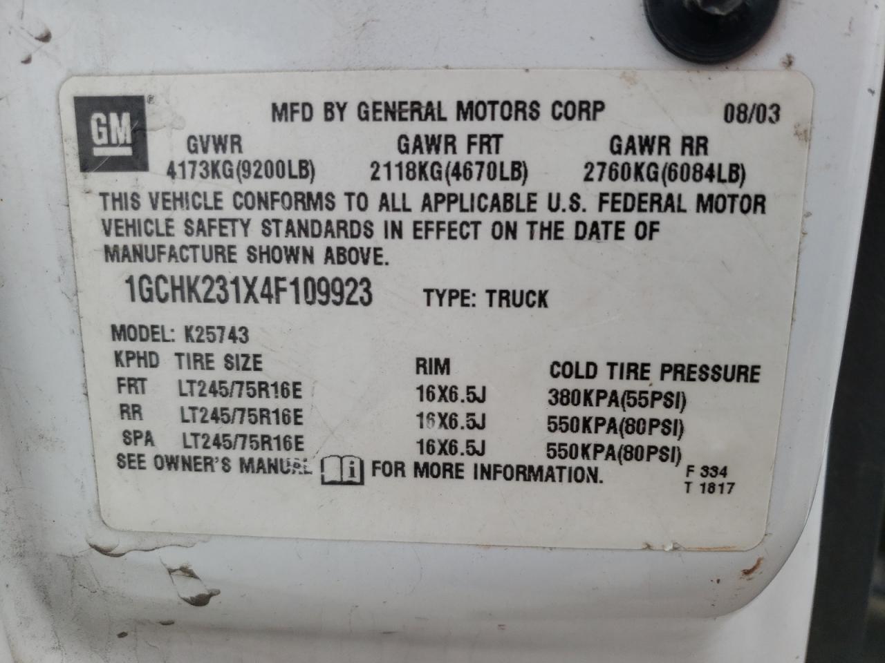 Zdjęcie 10 z aukcji – 2004 CHEVROLET 2500 z VIN 1GCHK231X4F109923