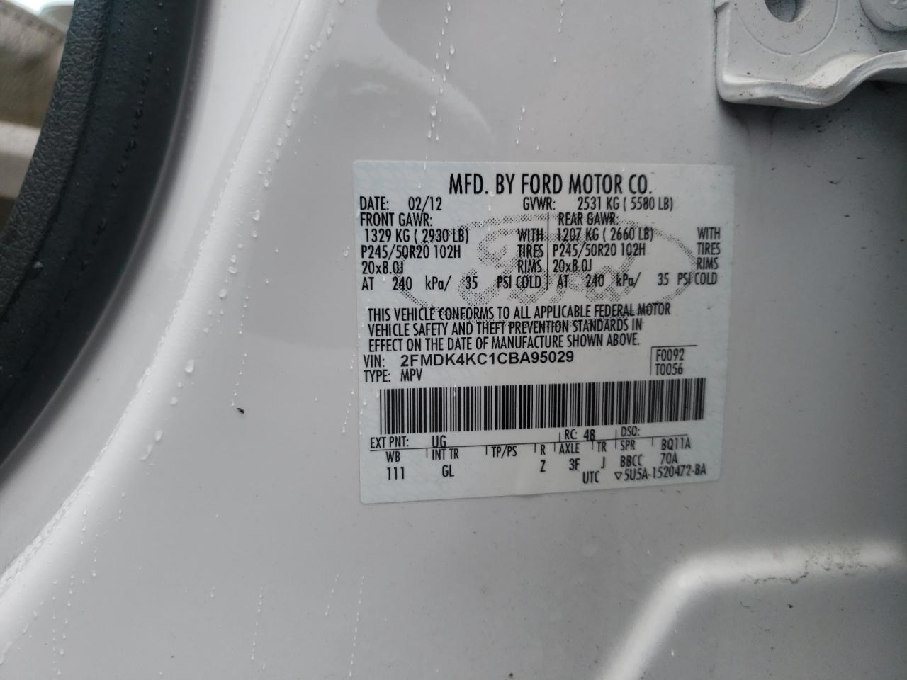 Photo 10 from auction – 2012 FORD EDGE LIMIT with VIN 2FMDK4KC1CBA95029