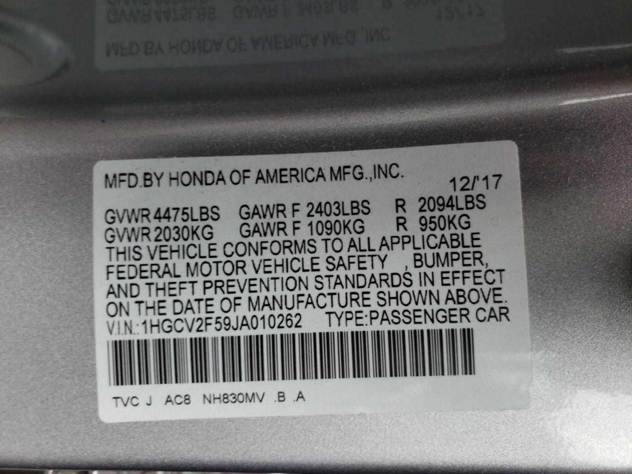 Photo 10 from auction – 2018 HONDA ACCORD EXL with VIN 1HGCV2F59JA010262