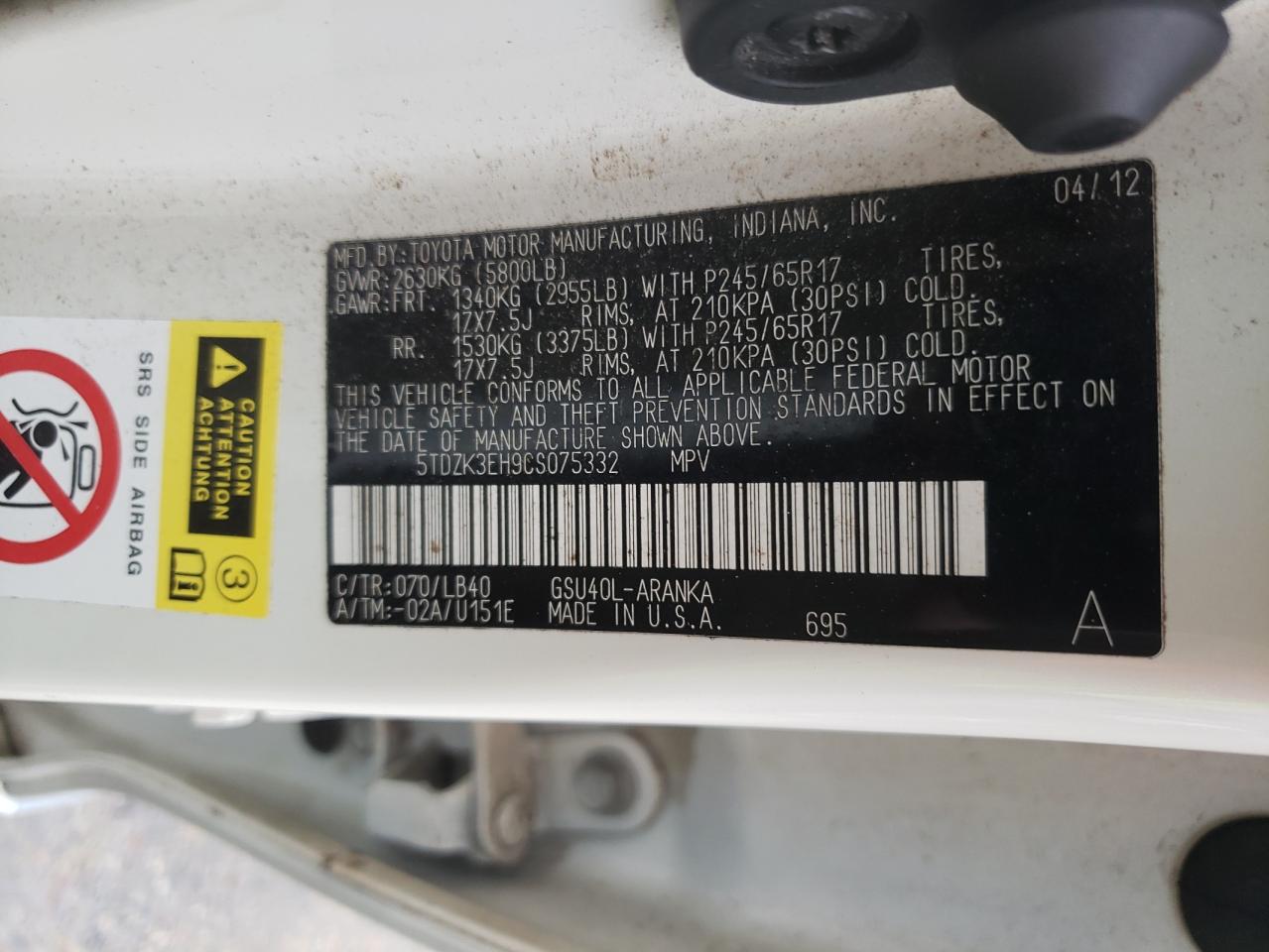 Photo 10 from auction – 2012 TOYOTA HIGHLANDER with VIN 5TDZK3EH9CS075332