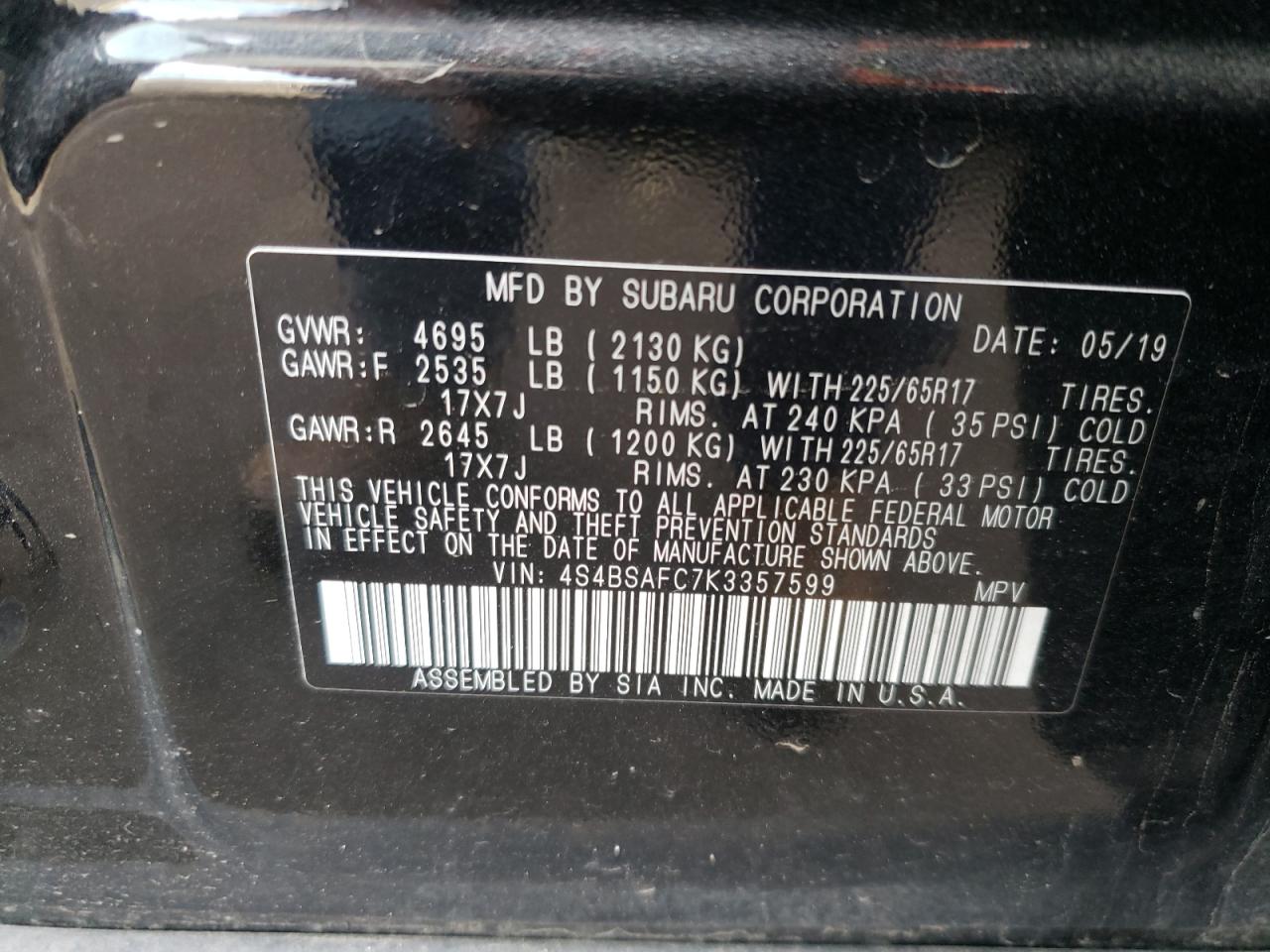 Photo 10 from auction – 2019 SUBARU OUTBACK 2. with VIN 4S4BSAFC7K3357599