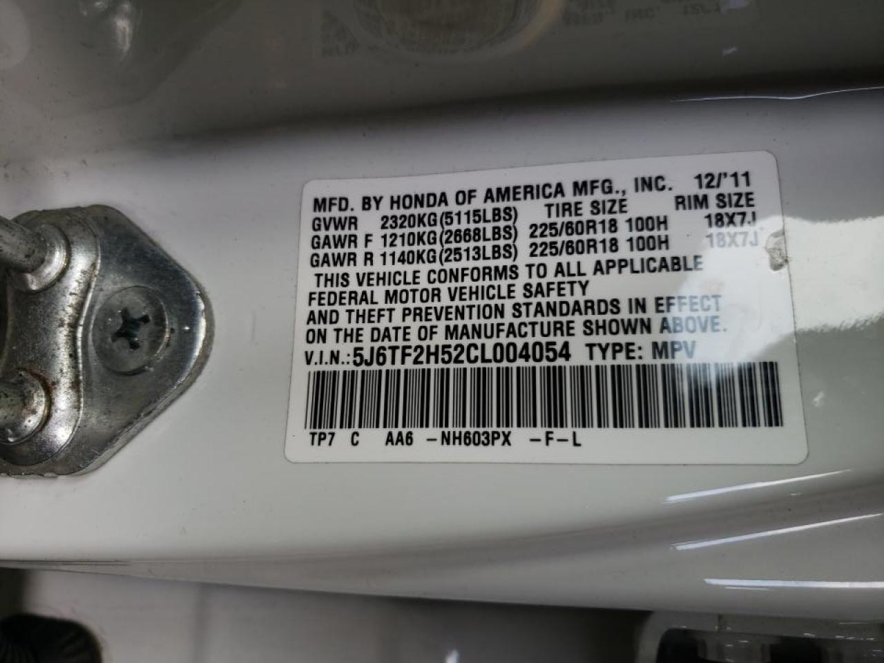 Photo 10 from auction – 2012 HONDA CROSSTOUR with VIN 5J6TF2H52CL004054