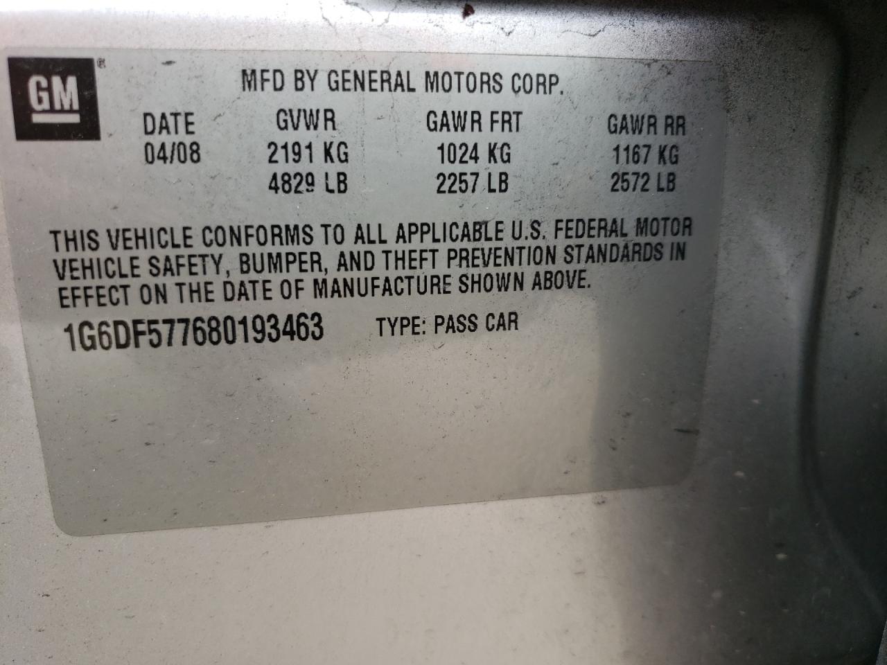 Photo 10 from auction – 2008 CADILLAC CTS with VIN 1G6DF577680193463