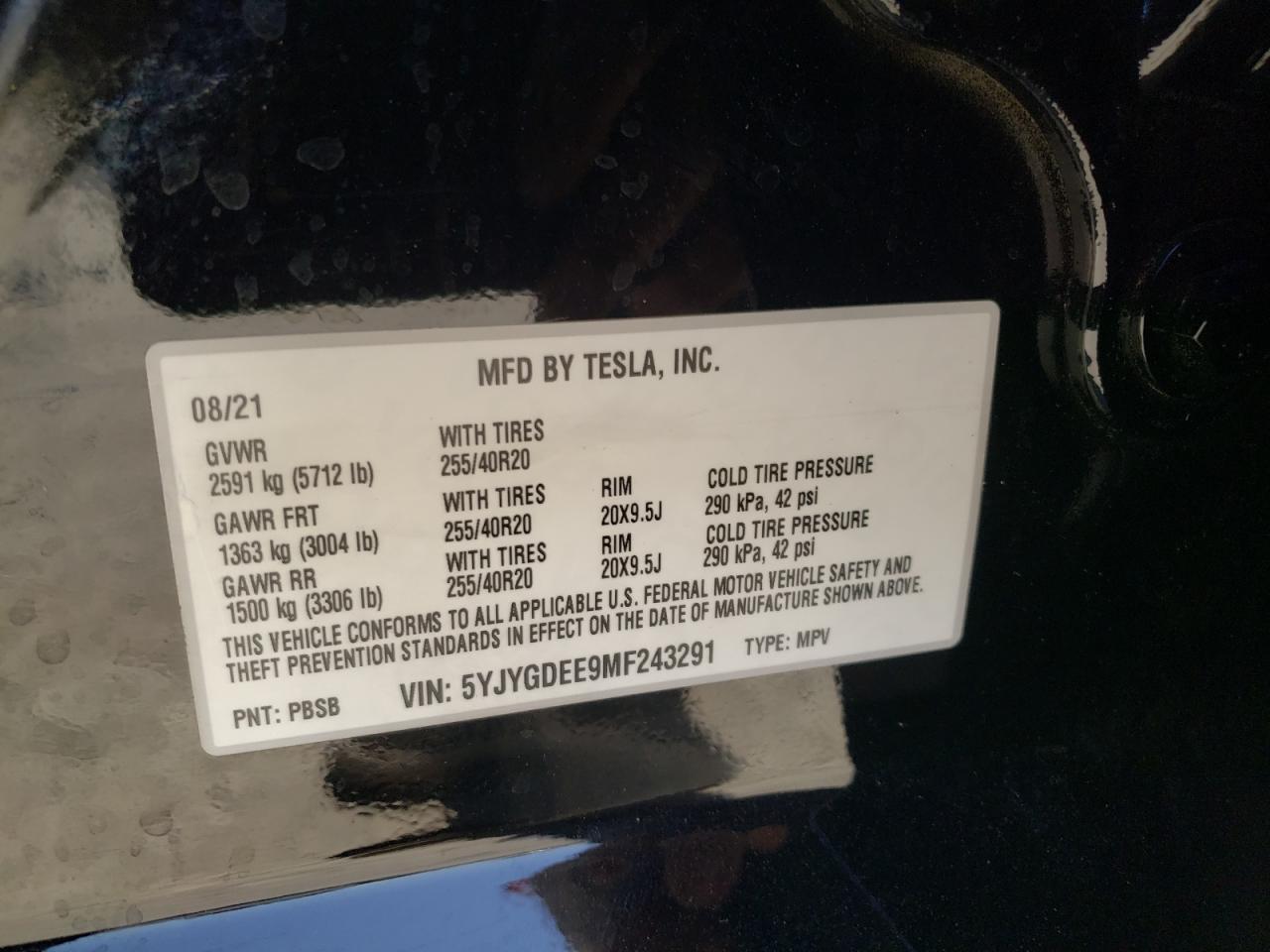 Photo 10 from auction – 2021 TESLA MODEL Y with VIN 5YJYGDEE9MF243291