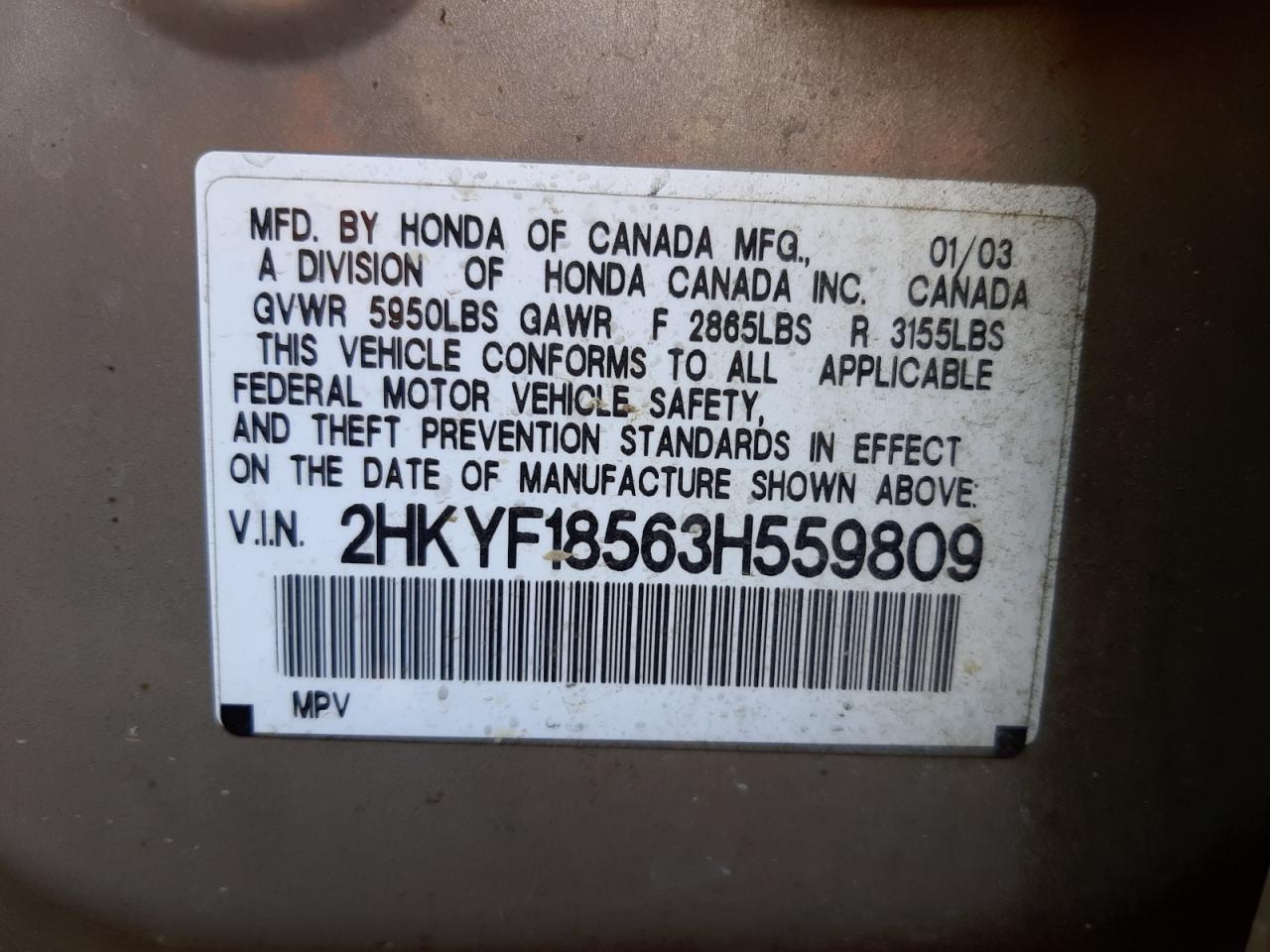 Photo 10 from auction – 2003 HONDA PILOT EXL with VIN 2HKYF18563H559809