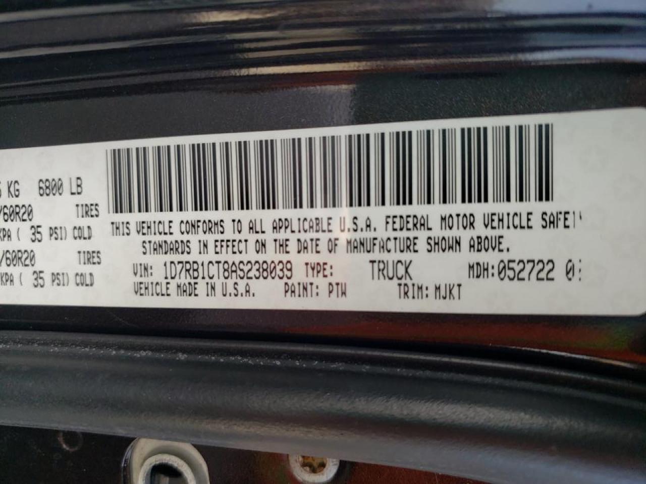 Photo 10 from auction – 2010 DODGE RAM 1500 with VIN 1D7RB1CT8AS238039