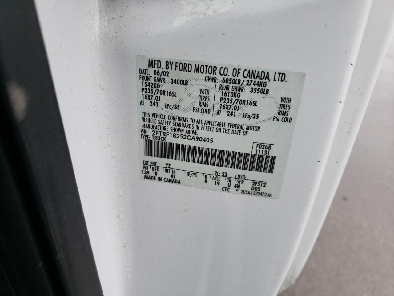 Photo 10 from auction – 2002 FORD F150 with VIN 2FTRF18252CA90405