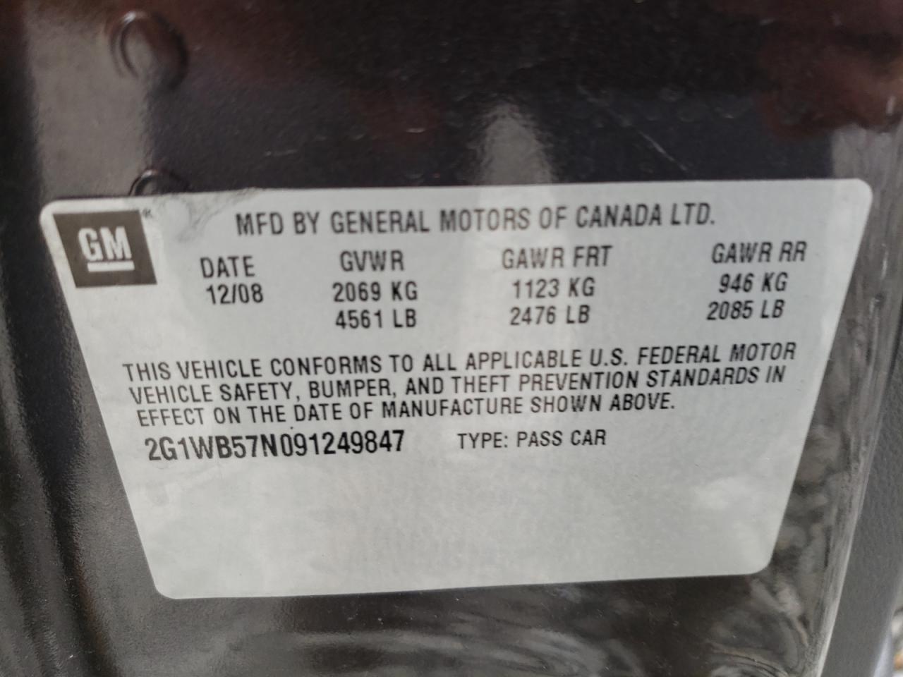 Photo 10 from auction – 2009 CHEVROLET IMPALA LS with VIN 2G1WB57N091249847