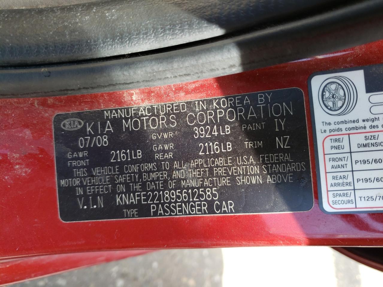 Photo 10 from auction – 2009 KIA SPECTRA EX with VIN KNAFE221895612585