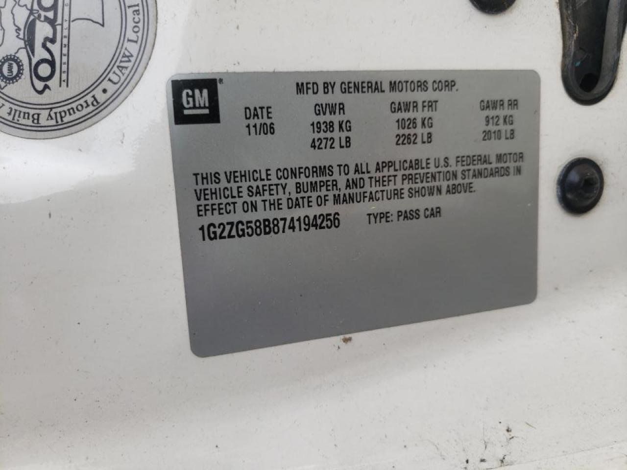 Photo 10 from auction – 2007 PONTIAC G6 BASE with VIN 1G2ZG58B874194256
