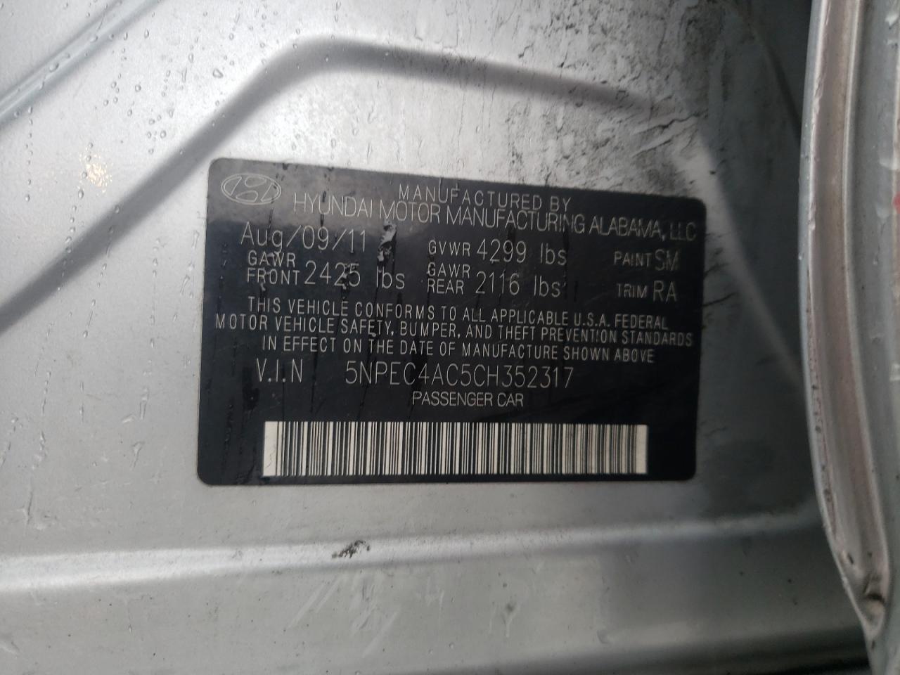 Photo 10 from auction – 2012 HYUNDAI SONATA SE with VIN 5NPEC4AC5CH352317
