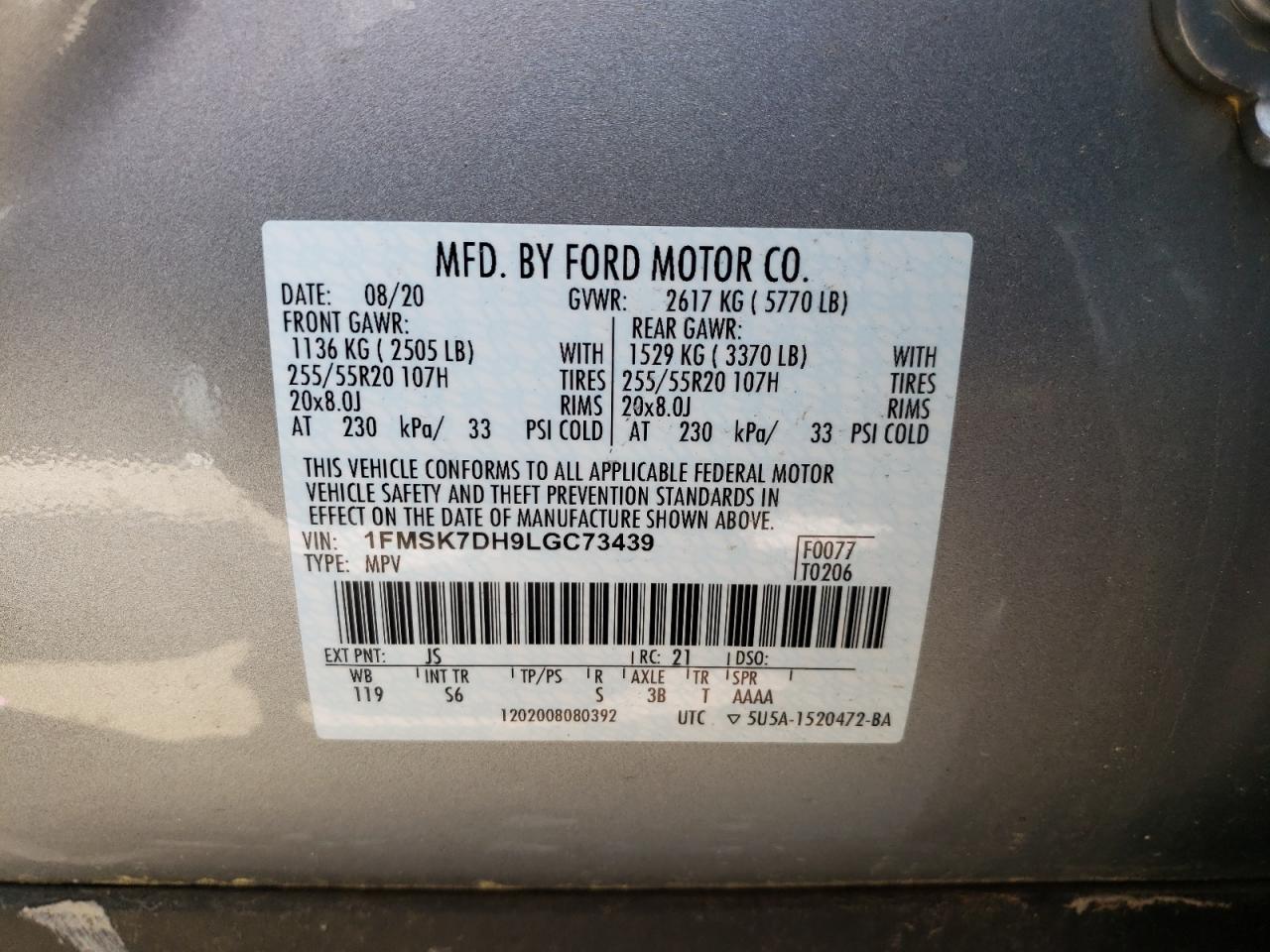 Photo 10 from auction – 2020 FORD EXPLORER X with VIN 1FMSK7DH9LGC73439