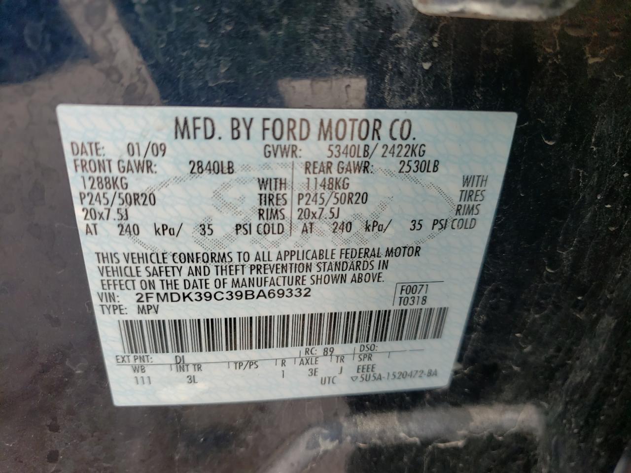 Photo 10 from auction – 2009 FORD EDGE LIMIT with VIN 2FMDK39C39BA69332